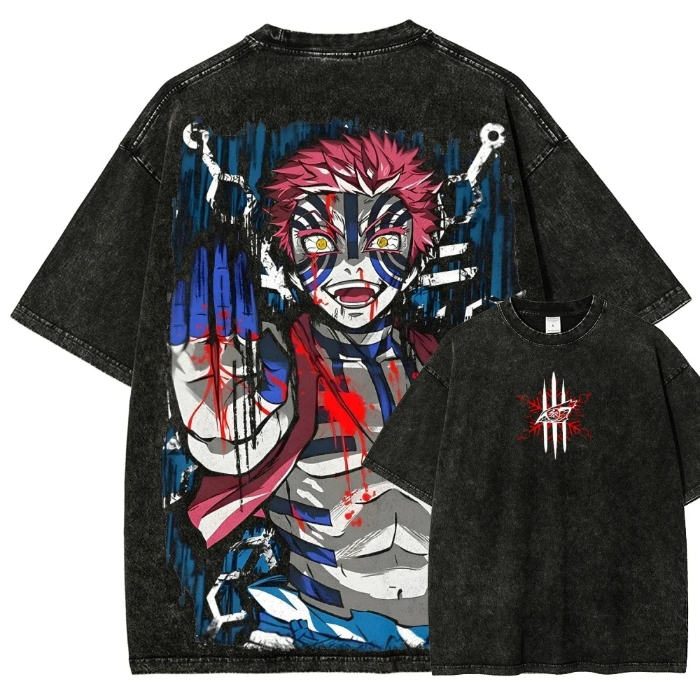 Demon Slayer Akaza Vintage Baumwollen T-Shirt